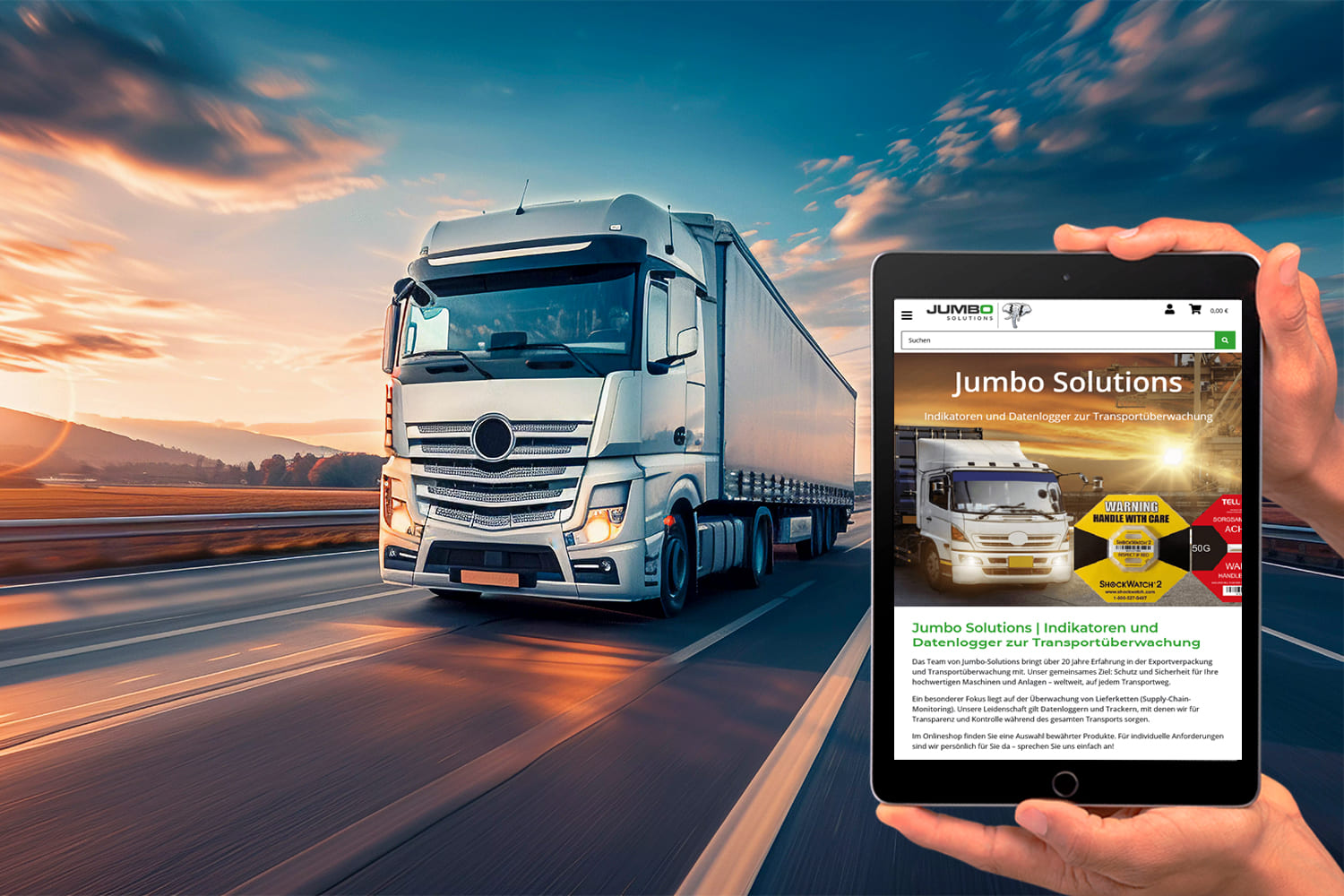 Transportüberwachung mit Jumbo Solutions – Indikatoren und Datenlogger für sichere Lieferketten Lkw auf Autobahn bei Sonnenuntergang mit Tablet-Anwendung von Jumbo Solutions zur Transportüberwachung